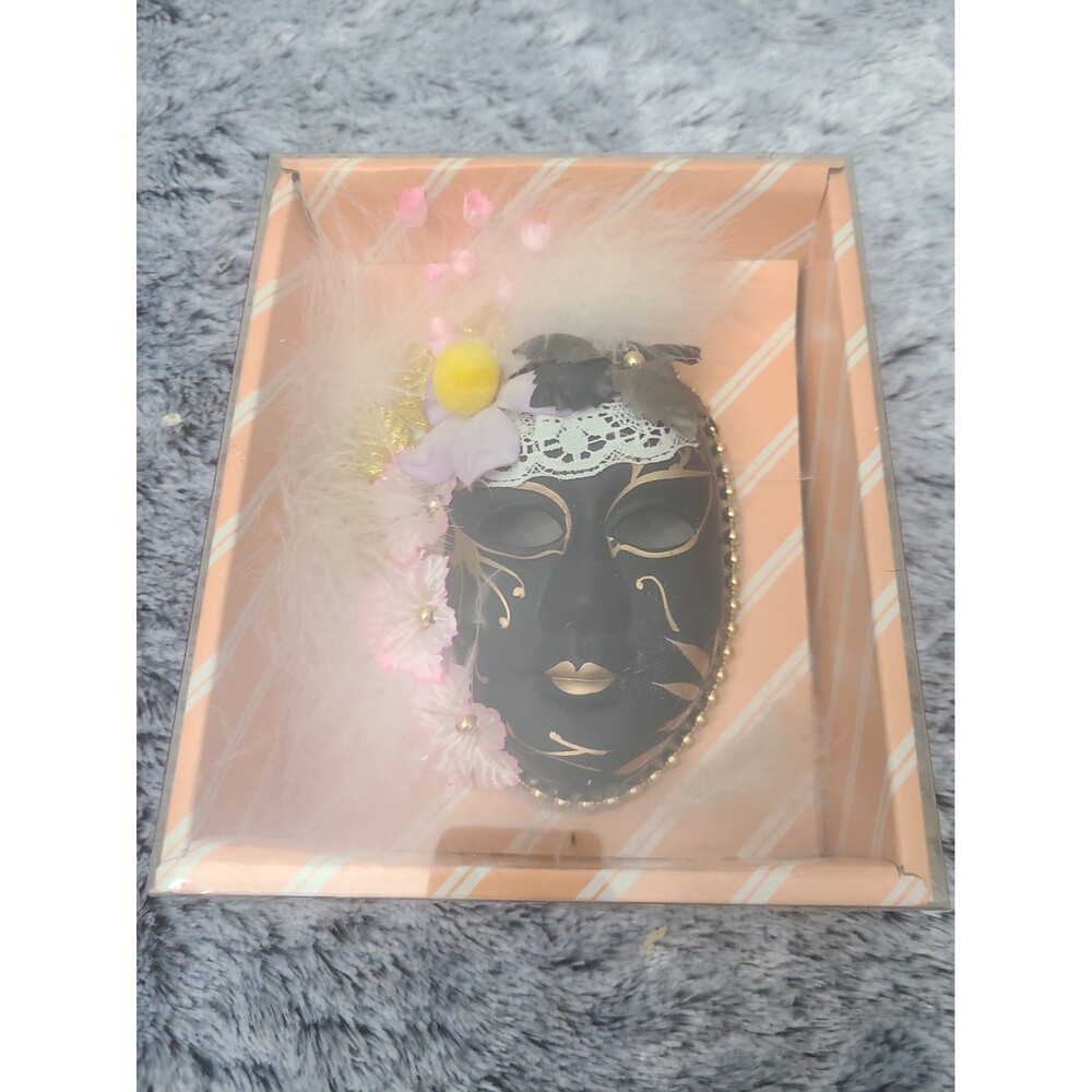 Vintage Porcelain Black & Gold Decorative Mask 5" Feathers Floral Embellished